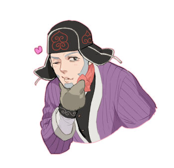 Rule 34 | 1boy, black hat, buzz cut, commentary request, foxvulpine, golden kamuy, grey hair, grey mittens, hand on own chin, hat, jacket, long sleeves, male focus, mittens, one eye closed, parted lips, purple jacket, shiraishi yoshitake, short hair, simple background, solo, very short hair, white background