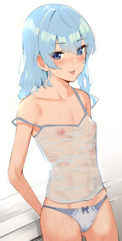 1girl absurdres arms_behind_back blue_eyes blue_hair blue_panties bow bow_panties breasts cameltoe camisole hair_between_eyes hcz_n highres hololive hoshimachi_suisei leaning_on_object looking_at_viewer medium_hair nipples panties see-through_clothes see-through_shirt shirt sidelocks small_breasts solo star_(symbol) star_in_eye strap_slip sweat symbol_in_eye tongue tongue_out underwear virtual_youtuber wet wet_clothes wet_shirt white_camisole