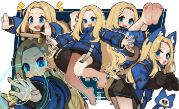 1girl animal_ears animal_hands bare_legs barefoot blonde_hair blue_coat blue_eyes blush cat_ears cattiva child chinese_commentary coat commentary_request diana_(pragmata) gloves highres holding_own_leg kotoba_(1074421015) long_hair long_sleeves looking_at_viewer looking_to_the_side lying on_stomach open_mouth padded_coat paw_gloves pragmata puffy_coat puffy_long_sleeves puffy_sleeves shorts skateboard smile soles toes