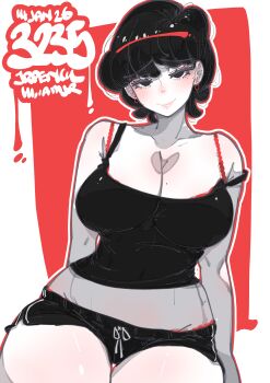 1girl absurdres artist_name black_eyes black_hair black_shorts black_tank_top border breasts cleavage closed_mouth commentary cowboy_shot earrings english_commentary hairband highres jewelry jrpencil large_breasts looking_at_viewer midriff mole mole_on_breast original outside_border raised_inner_eyebrows red_background red_hairband short_hair short_shorts shorts smile solo tank_top white_border