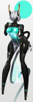 1girl absurdres android black_skin breasts closed_mouth colored_skin commentary covered_navel echanis_enicha fingerless_gloves gloves grey_hair hair_over_eyes highres no_feet original pelvic_curtain robot_girl short_hair solo tail untranslatable_commentary