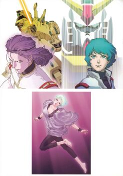 1980s_fashion 1girl 2boys absurdres aeug aqua_hair barefoot blue_eyes blue_hair energy_sword four_murasame gundam gundam_mk_ii happy highres kamille_bidan kitazume_hiroyuki leggings leotard machinery mecha military_rank_insignia military_uniform mobile_suit multiple_boys official_art one-eyed paptimus_scirocco purple_hair robot science_fiction serious smirk sword the_o_(mobile_suit) titans_(gundam) v-fin weapon zeta_gundam