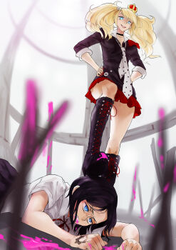 2girls absurdres bear_hair_ornament black_hair black_skirt blonde_hair blood blood_from_mouth blood_on_hands blood_on_shoes bloody_weapon blouse blue_eyes boots bow bowtie bra knee_boots collarbone collared_jacket collared_shirt crown danganronpa:_trigger_happy_havoc danganronpa_(series) enoshima_junko fake_nails fingernails freckles hair_ornament hand_on_own_hip hand_tattoo hands_on_own_hips highres ikusaba_mukuro jacket leather leather_boots looking_at_another looking_down low_angle multiple_girls nail_polish neck_ribbon necktie open_mouth pink_blood red_bow red_nails red_skirt ribbon shirt siblings simple_background sisters skirt standing_on_person stepped_on stepped_on stepping_on_woman tattoo thighs twins twintails underwear weapon white_shirt