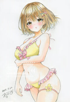 1girl arm_at_side arm_under_breasts arukapismillust bikini blonde_hair blush bob_cut bow bow_bikini breasts commentary_request cowboy_shot dated frilled_bikini frills hair_ornament hairclip large_breasts looking_at_viewer navel original parted_lips short_hair signature simple_background solo standing starfish_hair_ornament stomach swimsuit thigh_strap traditional_media white_background yellow_bikini yellow_eyes