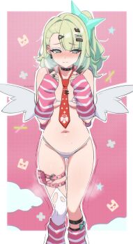 1girl absurdres alternate_costume angel_wings arm_warmers artist_name averting_eyes backpack bag bandaid bandaid_hair_ornament bare_shoulders ben-day_dots bikini bilingual_commentary black_choker blush border breasts breath bright_pupils choker closed_mouth cloud commentary_request ear_blush embarrassed feathered_wings female_pubic_hair green_eyes green_hair hair_behind_ear hair_intakes hair_ornament hairclip halterneck hands_up heart heart-shaped_eyes heart_ring highres holding_strap kagironsfw kneehighs leg_warmers loose_necktie low_wings medium_hair micro_bikini mixed-language_commentary multicolored_eyes navel necktie nose_blush outline outside_border paid_reward_available pink_arm_warmers pink_background pink_bag pink_bikini pink_eyes pink_leg_warmers pubic_hair pubic_hair_peek rabbit_hair_ornament raised_inner_eyebrows randoseru red_necktie screentones side_ponytail single_kneehigh single_sock skindentation small_breasts socks solo star_(symbol) steaming_body stomach striped_arm_warmers striped_bikini striped_clothes striped_leg_warmers studded_choker sunna_(zenless_zone_zero) sweat swimsuit thigh_strap thighs tie_clip trembling twitter_username two-tone_eyes underboob white_border white_outline white_pupils white_socks wings zenless_zone_zero