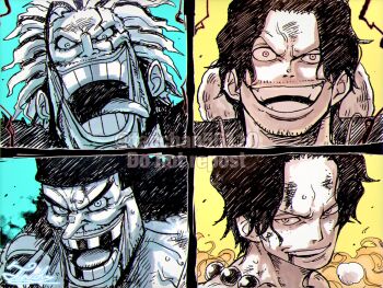 4boys beard close-up facial_hair father_and_son gol_d._roger greyscale_with_colored_background highres marshall_d._teach missing_tooth multiple_boys one_piece portgas_d._ace rocks_d._xebec short_hair smile smirk tacchan56110 watermark