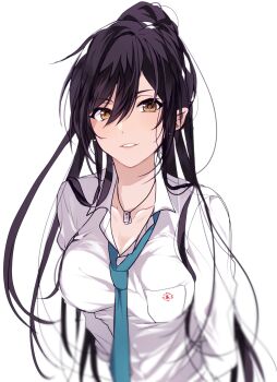 1girl absurdres arms_behind_back black_hair blurry breasts cleavage collarbone dog_tags female_focus highres idolmaster idolmaster_shiny_colors kaa large_breasts long_hair looking_at_viewer necktie ponytail school_uniform shirase_sakuya shirt solo upper_body yellow_eyes