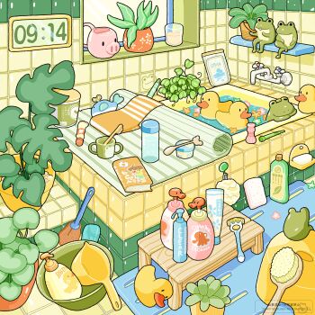 absurdly_detailed_composition absurdres animal bar_soap bathroom bathtub book bucket cellphone clock commentary_request cup digital_clock faucet frog highres indoors messy_room niwa_matthew no_humans original phone plant potted_plant razor rubber_duck scenery smartphone sponge squeeze_bottle tile_floor tile_wall tiles timestamp toothbrush water wooden_stool