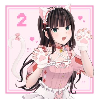 1girl animal_ears black_hair blue_eyes blush cat_ears cat_girl cat_tail claw_pose dress fake_animal_ears gloves hair_ornament hairclip highres kurosawa_dia long_hair long_sleeves looking_at_viewer love_live! love_live!_sunshine!! my_234_wht open_mouth pink_background pink_dress solo tail upper_body