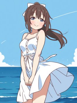 Rule 34 | 1girl, blue eyes, bow, brown hair, closed mouth, cloud, commentary request, dress, long hair, love live!, love live! nijigasaki high school idol club, mukiryoku bato, ocean, osaka shizuku, outdoors, panties, ponytail, ribbon, sky, smile, solo, underwear, white bow, white dress, white panties, white ribbon, wind