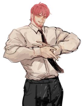 1boy absurdres bara beard black_necktie black_pants chainsaw_man chinstrap_beard collared_shirt cowboy_shot dopey_(dopq) facial_hair genderswap genderswap_(ftm) highres long_sleeves looking_at_viewer makima_(chainsaw_man) male_focus muscular muscular_male mustache_stubble necktie pants red_hair ringed_eyes shirt short_hair simple_background sketch smile solo stubble white_background white_shirt yellow_eyes