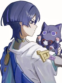 1boy animal aqua_sleeves black_hair blue_cape blunt_ends bodysuit bright_pupils cape cat closed_mouth from_behind furisode genshin_impact grey_bodysuit highres holding holding_animal holding_cat japanese_clothes kimono layered_sleeves looking_at_animal male_focus multicolored_hair nonoji_(nonoji_ekaki) purple_cat purple_eyes purple_hair purple_rope rope scaramouche_(cat)_(genshin_impact) scaramouche_(genshin_impact) short_sleeves solo streaked_hair wanderer_(genshin_impact) white_background white_kimono white_pupils white_sleeves