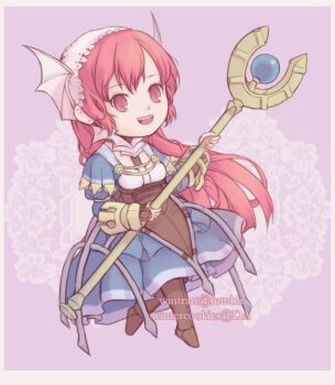 1girl :d alternate_costume breasts cherche_(fire_emblem) cosplay fire_emblem fire_emblem_awakening full_body holding holding_staff lissa_(fire_emblem) lissa_(fire_emblem)_(cosplay) long_hair looking_at_viewer nintendo open_mouth pink_eyes pink_hair small_breasts smile solo staff wintercookies