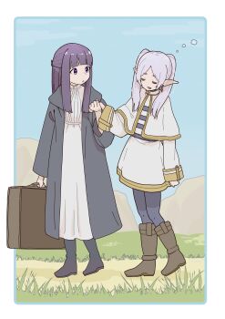 2girls absurdres black_coat black_pantyhose blunt_bangs boots border capelet closed_eyes coat commentary_request dress earrings elf fern_(sousou_no_frieren) frieren full_body hair_over_shoulder half_updo hanten_(hantennano) highres holding holding_hands jewelry long_sleeves multiple_girls open_mouth outdoors outside_border pantyhose pointy_ears purple_eyes purple_hair shirt skirt sousou_no_frieren straight_hair striped_clothes striped_shirt suitcase twintails white_border white_capelet white_dress white_hair white_skirt