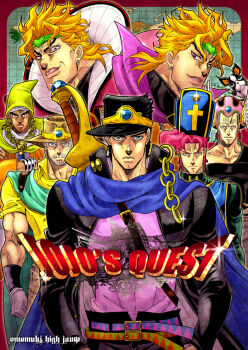 6+boys crossover dark-skinned_male dark_skin dio_brando dog dragon_quest dual_persona iggy_(jojo) jean_pierre_polnareff jojo_no_kimyou_na_bouken joseph_joestar joseph_joestar_(old) kakyoin_noriaki konpane_(ohj) kuujou_joutarou looking_at_viewer male_focus mohammed_avdol multiple_boys parody short_hair