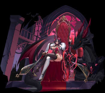 Rule 34 | 1girl, absurdres, ass, asymmetrical legwear, bare shoulders, black background, black gloves, black hair, black shoes, black thighhighs, blue eyes, breasts, cape, chinese commentary, cleavage, commentary request, dragon, elbow gloves, fur-trimmed cape, fur trim, gem, gloves, heterochromia, highres, large breasts, mismatched legwear, multicolored hair, original, red eyes, red gemstone, red hair, shoe dangle, shoes, simple background, sitting, sitting on throne, solo, thighhighs, throne, two-tone hair, white thighhighs, yue huang qing vassago