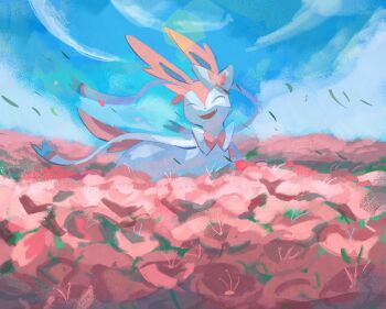 :d absurdres animal_focus blue_sky bow closed_eyes fangs field flower flower_field gen_6_pokemon hashtag-only_commentary highres looking_at_viewer nintendo no_humans open_mouth outdoors pink_flower pink_fur pokemon pokemon_(creature) pokemon_focus ribbon ryulveon sky smile standing sylveon two-tone_fur upper_body white_fur