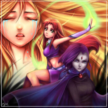 3girls alien bindi blonde_hair blue_eyes cape cartoon_network dc_comics green_eyes kankitsuru long_hair midriff multiple_girls purple_hair raven_(dc) red_hair skirt starfire tears teen_titans terra_(dc)