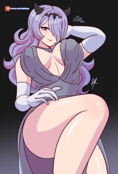 1girl breasts camilla_(fire_emblem) cleavage dress elbow_gloves fire_emblem fire_emblem_fates gloves hair_over_one_eye large_breasts long_hair looking_at_viewer nintendo purple_eyes purple_hair ray_dango solo