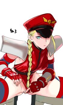 1girl absurdres alternate_costume armor ass blue_eyes braid breasts cammy_white closed_mouth cosplay curvy gloves hat highleg highleg_leotard highres leotard leotard_pill leotard_pull looking_at_viewer m._bison m._bison_(cosplay) medium_breasts official_alternate_costume pauldrons peaked_cap pink_lips red_gloves red_hat red_leotard shoulder_armor smile solo squatting street_fighter tetsu_(kimuchi) translation_request twin_braids wide_hips