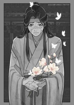 1boy architecture black_hair border bug butterfly chinese_clothes commentary crack cracked_face cracked_skin east_asian_architecture english_commentary flower glowing_butterfly grey_border grey_theme hanfu highres holding holding_flower implied_yaoi indoors insect jeusus long_hair looking_down male_focus monochrome parted_bangs pink_flower smile solo spot_color statue tianguan_cifu white_butterfly white_flower xie_lian