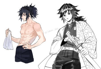 1boy abs absurdres black_hair black_jacket black_pants blue_eyes buttons demon_slayer_uniform gold_buttons haori high_collar highres holding jacket japanese_clothes kikkoumon kimetsu_no_yaiba low_ponytail male_focus multiple_views nipples pants parted_lips ponytail print_haori simple_background soboru_jmt solo spiked_hair tomioka_giyuu toned toned_male topless_male twitter_username wet white_background