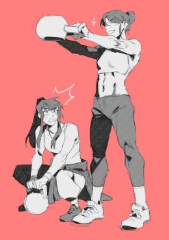 2girls abs absurdres character_request check_character clothes_around_waist commentary exercising full_body greyscale_with_colored_background grin hair_bun high_ponytail highres jacket jacket_around_waist jung_heewon lee_jihye long_sidelocks looking_at_another multiple_girls muscular muscular_female nemomosso notice_lines omniscient_reader's_viewpoint ponytail sidelocks smile sparkle squatting stomach strapless symbol-only_commentary tube_top weightlifting