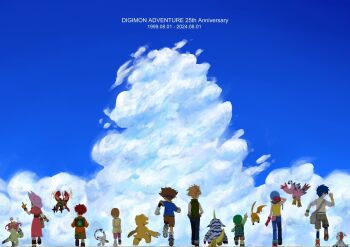 Rule 34 | 3girls, 5boys, agumon, backpack, bag, bird, blonde hair, blue hair, blue pants, blue shirt, brown gloves, brown hair, brown shorts, bug, cat, cloud, coat, copyright name, dated, digimon, digimon (creature), digimon adventure, digimon day, dress, from behind, fur coat, gabumon, glasses, gloves, gomamon, green hat, green shirt, grey shorts, hands in pockets, hat, highres, horns, ishida yamato, izumi koshiro, kido jo, looking at another, medium hair, multiple boys, multiple girls, orange hair, orange shirt, palmon, pants, patamon, pink dress, pink shorts, piyomon, reptile, ryo n7dgmn, shirt, short hair, shorts, single horn, sky, sleeveless, sleeveless shirt, tachikawa mimi, tailmon, takaishi takeru, takenouchi sora, tentomon, white gloves, yagami hikari, yagami taichi, yellow shirt