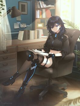 1girl absurdres ayase_yuu ayase_yuu_(1st_costume) black_gloves black_hair black_shirt black_shoes blue_eyes blue_hair book breast_pocket breasts chair closed_mouth commentary commissioner_name cropped_shirt cross cross_earrings crossed_legs desk earrings english_commentary fingerless_gloves gloves high_heels highres holding holding_book jewelry lamp midriff multicolored_hair navel noah_(tettsui-sole) phase_connect plant pocket second-party_source shirt shoes solo streaked_hair swivel_chair twitter_username virtual_youtuber