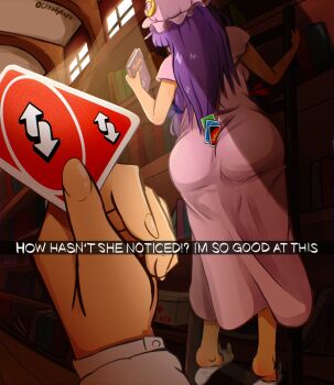 2girls ass between_buttocks blue_bow book bookshelf bow card cloudykeyz commentary crescent crescent_hat_ornament dress english_commentary english_text fake_screenshot female_pov first_aid_kit from_behind hair_bow hat hat_ornament highres holding holding_book koakuma ladder library long_hair mob_cap multiple_girls out_of_frame patchouli_knowledge pink_dress pov purple_hair red_bow slippers sunlight tiptoes touhou twitter_username uno_(game) uno_reverse_card window