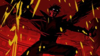 1boy angry black_coat black_gloves black_hair black_wings blood blood_splatter coat commentary embers empty_eyes english_commentary gloves highres holding_detached_head keomikan limited_palette male_focus omniscient_reader&#039;s_viewpoint open_clothes open_coat open_mouth outstretched_arms popped_collar screaming short_hair solo spread_legs white_eyes wings yoo_joonghyuk