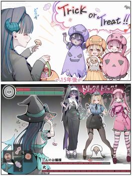 4girls absurdres age_progression candy cosplay dog dragon_girl dragon_horns dragon_tail fayuse food halloween halloween_costume hat health_bar highres horns multiple_girls nun nurse original police police_uniform pumpkin_costume tail trick_or_treat twintails witch witch_hat