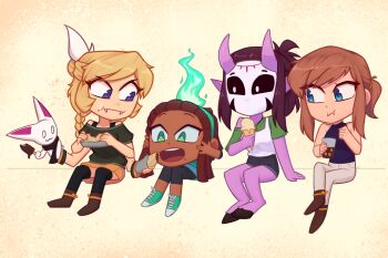 4girls artist_self-insert black_eyes blue_eyes boots braid burrito dreadlocks dullahan eating fangs foil green_eyes hat_kid highres horns horse_legs jade_(xyronii) kora_(xyronii) mask multiple_girls neck nelly_(xyronii) nose original ponytail shoelaces shoes twin_braids xyronii