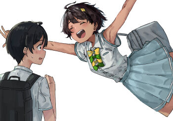 1boy 1girl absurdres arm_at_side armpits backpack bag black_hair blush bow bowtie closed_eyes collared_shirt food-themed_hair_ornament green_bow green_bowtie grey_skirt hair_ornament hetero highres imminent_hug jumping jyuunen-kun lemon_hair_ornament make_heroine_ga_oo_sugiru! nukumizu_kazuhiko open_mouth pleated_skirt school_bag school_uniform shirt short_hair short_sleeves simple_background skirt summer_uniform tsuwabuki_high_school_uniform white_background white_shirt yakishio_lemon yellow_bow yellow_bowtie