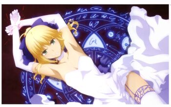 1girl ahoge armpits arms_up artoria_pendragon_(fate) bare_shoulders bdsm blonde_hair blush bondage bound bound_arms bow breasts choker cleavage collarbone dress elbow_gloves fate/stay_night fate/unlimited_blade_works fate_(series) female_focus gloves green_eyes hair_bow hair_ribbon highres imminent_penetration imminent_rape imminent_vaginal kneehighs legs long_glove long_skirt looking_at_viewer lying magic_circle medium_hair no_bra on_side ponytail purple_bow purple_garter_belt purple_garter_straps purple_ribbon ribbon saber_(fate) scan sexually_suggestive skirt small_breasts socks solo solo_focus sweat sweatdrop teeth thighhighs thighs tsuzuki_moe wedding_dress white_choker white_dress white_gloves white_skirt white_thighhighs zettai_ryouiki