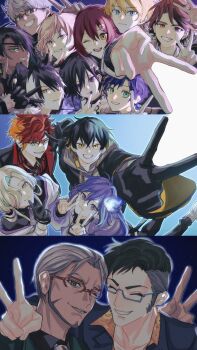 6+boys animal_ears aragami_oga_(1st_costume) arm_over_shoulder arurandeisu_(1st_costume) arurandeisu_(old_design) astel_leda_(1st_costume) beard black_gloves black_hair black_jacket black_nails blonde_hair blue-framed_eyewear blue_eyes blue_hair blush closed_eyes daidou_shinove dark-skinned_male dark_skin earrings eyepatch facial_hair fingerless_gloves flower glasses gloves green_eyes grey_hair grey_hoodie hair_flower hair_ornament hanasaki_miyabi hanasaki_miyabi_(1st_costume) heterochromia highres hizaki_gamma_(1st_costume) holding holding_sword holding_weapon holostars hood hoodie jackal_ears jacket jewelry kageyama_shien_(1st_costume) kanade_izuru_(1st_costume) kishido_temma kishido_temma_(1st_costume) long_hair minase_rio minase_rio_(1st_costume) mole mole_under_eye momiage_40 multicolored_hair multiple_boys ofuda_earrings orange_hair pink_hair purple_eyes purple_hair red-framed_eyewear red_hair red_shirt rikka_(1st_costume)_(holostars) ring sharp_teeth shirt short_hair smile streaked_hair sword teeth two-tone_hair utsugi_uyu_(1st_costume) v virtual_youtuber weapon white_gloves white_shirt yatogami_fuma_(1st_costume) yellow_eyes yukoku_roberu