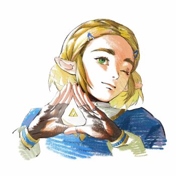 1girl aizheajsee blonde_hair braid closed_mouth crown_braid facing_to_the_side fingerless_gloves gloves green_eyes hair_ornament hairclip hands_up head_tilt highres long_sleeves looking_at_viewer looking_up nintendo one_eye_closed own_hands_together parted_hair pointy_ears portrait princess_zelda short_hair simple_background smile solo the_legend_of_zelda the_legend_of_zelda:_breath_of_the_wild triforce white_background