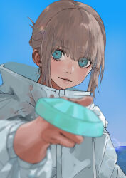 Rule 34 | 1boy, baggy clothes, blue eyes, fate/grand order, fate (series), food, grey hair, highres, holding, holding food, holding popsicle, jacket, kdm (ke dama), long sleeves, looking at viewer, male focus, oberon (fate), oberon (refreshing summer prince) (fate), official alternate costume, popsicle, short hair, sidelocks, smile, white jacket
