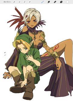 1boy 1girl art_program_in_frame asa8720 blonde_hair body_markings boots bracelet breasts brown_boots cia_(hyrule_warriors) cleavage dark-skinned_female dark_skin dress facial_mark green_hat green_shirt hat heart heart_in_eye highres hyrule_warriors jewelry link looking_at_viewer nintendo purple_dress shirt short_hair sitting symbol_in_eye the_legend_of_zelda the_legend_of_zelda:_ocarina_of_time white_hair