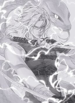 1boy absurdres animal bandaged_arm bandages chest_belt chinese_commentary commentary_request face_piercing fingerless_gloves floating_hair forehead giant_snake gloves granyon greyscale hair_over_one_eye highres holding holding_sword holding_weapon kagurabachi katana lightning lip_piercing looking_at_viewer male_focus monochrome natsuki_misaka oversized_animal parted_bangs piercing reverse_grip scales scar scar_on_face scar_on_nose shirt short_hair sleeveless sleeveless_shirt slit_pupils snake solo sword tassel toned toned_male upper_body weapon