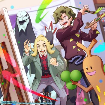 2boys :d baxcalibur black_vest blonde_hair brassius_(pokemon) canvas_(object) clenched_hand collared_shirt commentary english_commentary gen_2_pokemon grey_pants hassel_(pokemon) highres holding holding_paintbrush jacket legs_apart long_hair long_sleeves male_focus multiple_boys necktie nintendo official_art open_mouth paint_palette paintbrush pants parted_bangs pokemon pokemon_(creature) pokemon_masters_ex pokemon_sv red_necktie shirt smile sudowoodo teeth tongue vest watermark white_shirt