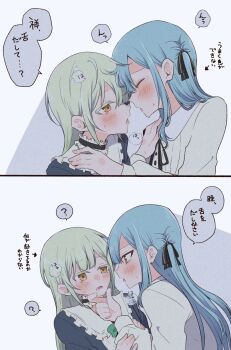 2girls bang_dream! bang_dream!_it&#039;s_mygo!!!!! black_ribbon blue_dress blush choker closed_eyes commentary_request dress frilled_choker frills green_hair hair_ribbon hand_on_another&#039;s_shoulder highres long_hair multiple_girls nago_(hasakimati) ribbon saliva saliva_trail shirt togawa_sakiko tongue tongue_out two_side_up wakaba_mutsumi white_shirt yellow_eyes yuri