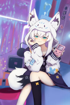 1girl absurdres animal_ear_fluff animal_ears black_shirt black_socks blurry blurry_background blush braid commentary_request earrings fox_ears fox_girl fox_tail game_boy green_eyes hair_between_eyes handheld_game_console head_rest highres holding holding_handheld_game_console hololive hood hood_up hoodie jewelry long_hair looking_at_viewer pentagram shirakami_fubuki shirakami_fubuki_(loungewear) shirt sidelocks single_braid single_sock sitting smile socks solo sorazumiumi tail virtual_youtuber white_hair