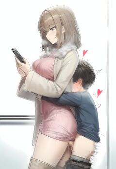 1boy 1girl absurdres age_difference ass blush breasts brown_eyes brown_hair clothed_sex earrings grabbing_from_behind groping highres holding holding_phone huge_breasts jewelry long_hair onee-shota open_mouth original penis phone piercing rubbing sex sex_from_behind short_hair shota size_difference testicles