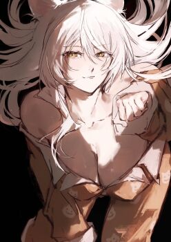 1girl :3 :p animal_ears animal_print bakemonogatari bakeneko bare_shoulders black_hanekawa breasts cat_ears cat_girl cat_print cleavage collarbone commentary_request hanekawa_tsubasa highres large_breasts leaning_forward long_hair looking_at_viewer moku_(muooku) monogatari_(series) naughty_face off_shoulder orange_pajamas pajamas paw_pose print_pajamas slit_pupils smile solo tongue tongue_out very_long_hair white_hair yellow_eyes