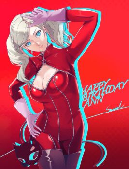 Rule 34 | 1girl, blue eyes, bodysuit, breasts, character name, cleavage, cleavage cutout, clothing cutout, commentary, commentary request, corner50777313, english commentary, gloves, hand on own hip, happy birthday, highres, holding, holding mask, looking at viewer, mask, mixed-language commentary, panther (persona 5), persona, persona 5, pink gloves, red background, red bodysuit, solo, takamaki anne, twintails, unworn mask, white hair