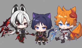 1girl 2boys animal_ears arlecchino_(genshin_impact) armor black_boots black_eyes black_gloves black_hair black_hands black_kimono black_pants black_sandals black_shoes black_shorts black_sleeves black_vest blue_eyes blunt_ends blush boots bow_(weapon) cat_boy cat_ears cat_tail chibi closed_mouth coat colored_extremities crimson_moon&#039;s_semblance_(genshin_impact) ebinu2215 empty_eyes eyeliner eyeshadow fang fox_boy fox_ears fox_tail frilled_pants frilled_sleeves frills full_body furisode genshin_impact gloves gold gold_trim grey_background grey_coat grey_sleeves hair_between_eyes half_gloves hand_on_own_hip hand_up high_heels highres holding holding_bow_(weapon) holding_scythe holding_weapon japanese_armor japanese_clothes jewelry juban kimono kote kurokote lapels layered_shorts layered_sleeves looking_at_viewer low_ponytail makeup mask mask_on_head mitsudomoe_(shape) multicolored_hair multiple_boys neck_ring o-ring open_clothes open_coat open_mouth orange_hair pants polar_star_(genshin_impact) ponytail purple_eyes purple_hair purple_rope purple_sash purple_sleeves rabbit_ears rabbit_girl rabbit_tail red_eyeliner red_eyeshadow red_hair red_kimono red_mask red_pupils red_sash red_scarf rope sandals sash scaramouche_(genshin_impact) scarf scythe shimenawa shoes short_sleeves shorts streaked_hair striped_coat striped_sleeves symbol-shaped_pupils tail tartaglia_(genshin_impact) tassel tomoe_(symbol) tongue tongue_out tsurime vest weapon white_coat white_hair white_kimono white_rope white_sleeves wispy_bangs x-shaped_pupils zouri