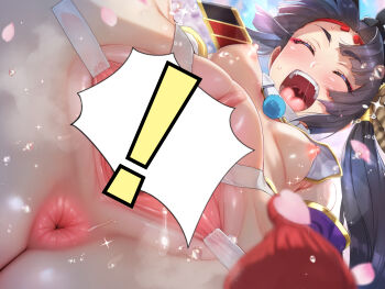 1girl :d ^_^ anus armor black_hair black_hat blue_sky blurry blurry_background breasts cherry_blossoms clip_studio_paint_(medium) closed_eyes commentary_request crotch_focus detached_sleeves dilation_tape emphasis_lines fate/grand_order fate_(series) from_below groin hat high_side_ponytail highres japanese_armor long_hair looking_at_viewer medium_breasts momisan nipples open_mouth outdoors paid_reward_available petals purple_sleeves pussy sky smile solo speech_bubble speech_bubble_censor spread_pussy steaming_body tape tassel tate_eboshi thick_eyebrows thighs tongue ushiwakamaru_(fate) ushiwakamaru_(second_ascension)_(fate) variant_set