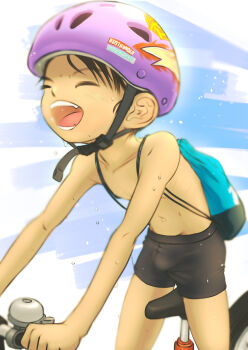 1boy bag bicycle child chinstrap helmet kombain male_focus original riding riding_bicycle shorts smile solo sweat topless_male