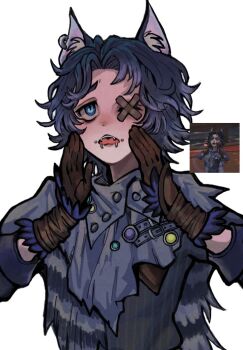 1boy animal_ear_piercing animal_ears black_shirt blue_eyes blue_hair brown_gloves crossed_bandaids downturned_eyes face_piercing fangs gloves grey_scarf hair_intakes identity_v lip_piercing looking_ahead male_focus matthias_czernin matthias_czernin_(striding_between_realms) melpi5515 official_alternate_costume one_eye_closed one_eye_covered piercing scarf shirt slit_pupils solo upper_body wolf_ears